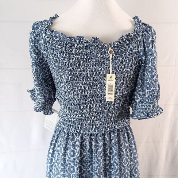 Max Studio Smocked Tiered Maxi Dress Cream Sky Size L NWT Short Sleeve - Picture 7 of 11